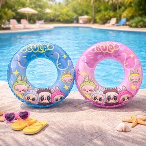 Labubu Inflatable Swim Ring Pool Float 22” Cartoon Animal Tube – Blue & Pink